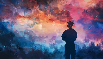 A man in a military uniform stands in front of a colorful sky with stars