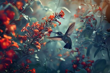 Obraz premium A hummingbird hovers near vibrant red flowers in a lush garden, capturing the beauty of nature and the delicate balance of life.