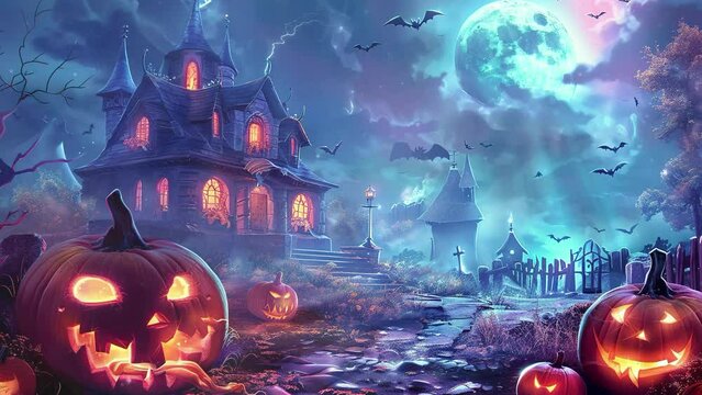 Halloween background. Old castle spooky atmosphere on full moon halloween night. Bat and moon background. Halloween party. Ghost halloween. Pumpkin halloween. Witch halloween. Halloween costume. 4K 