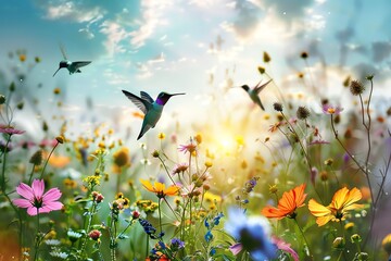 Obraz premium Vibrant meadow scene with hummingbirds and butterflies amidst colorful wildflowers, bathed in warm sunlight and soft clouds.