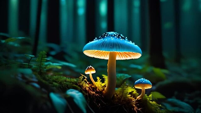 Explore the enchanting world of nature with a vibrant glowing bioluminescent mushroom that emits light and standing tall in a dense dark forest