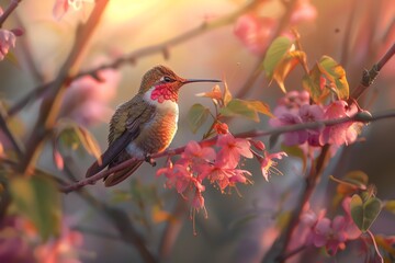 Obraz premium A vibrant hummingbird with a red throat perches on a branch with pink flowers, bathed in warm sunlight.