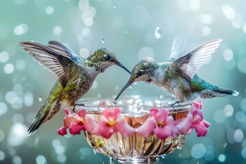 Obraz premium Two hummingbirds drinking nectar from a beautiful flower-covered bowl, with sparkling bokeh lights in the background.