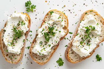 Top view of slices of bread with cream cheese and herbs
