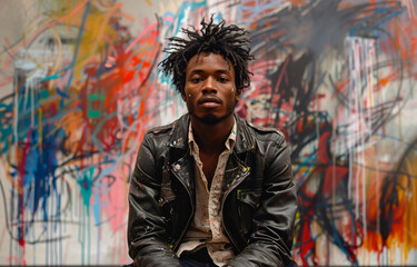 Obraz premium Young man with dreadlocks sits in front of colorful abstract painting.
