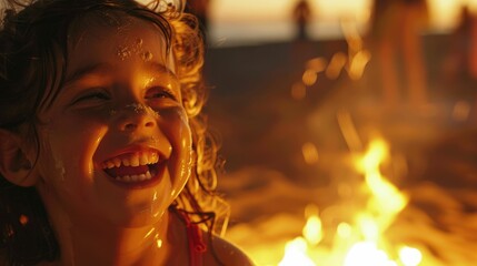 A little girl is happily laughing in front of a crackling fire at midnight, enjoying the warmth and the dancing flames in the darkness of night AIG50