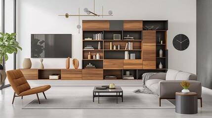 A living room with a modern minimalist furniture design.