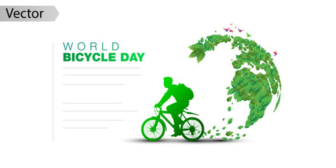 Banner vector illustration of World Bicycle Day. Green Environment, eco Leaf world map and cycle rider man background.