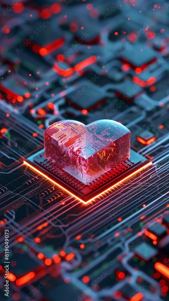Poster vertical image of a 3d circuit board heart shape on a computer motherboard.
