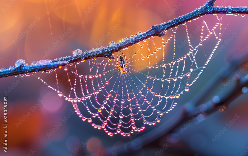Poster spider web with dew drops on colorful background