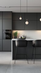 A Modern Black Kitchen Counter With A Dining Counter And Chairs.