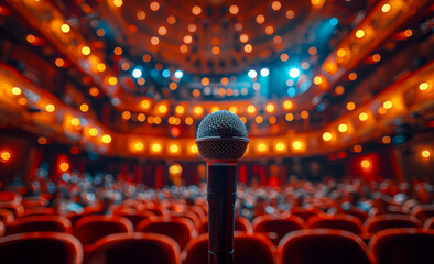 Microphone on stage in concert hall or theater waiting for speech