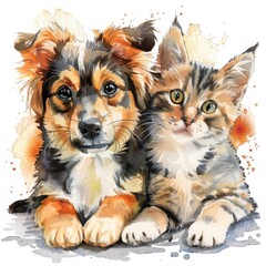  Cute dog and cat watercolor portrait