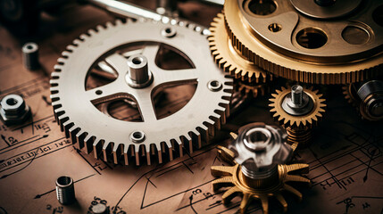 
Golden gears, many different industrial parts against the background of drawings. Concept: mechanisms and elements