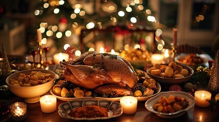 a festive table set with white bowls, lit candles, and a turkey on a wooden table