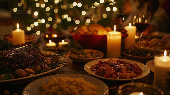 a festive table set with white plates, bowls, and lit candles, featuring a variety of food and a festive atmosphere