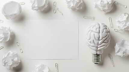 A light bulb designed like a human brain with blank paper, crumpled balls of paper and paperclips.