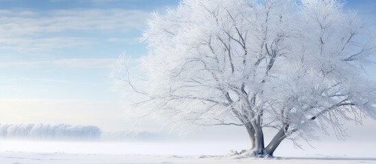 Frost on the branches Extraordinary beauty white space purity of snow trees covered with thick frost. copy space available