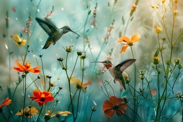 Obraz premium Hummingbirds hover among colorful flowers in a dreamy, sunlit garden, capturing the beauty of nature in vivid detail.
