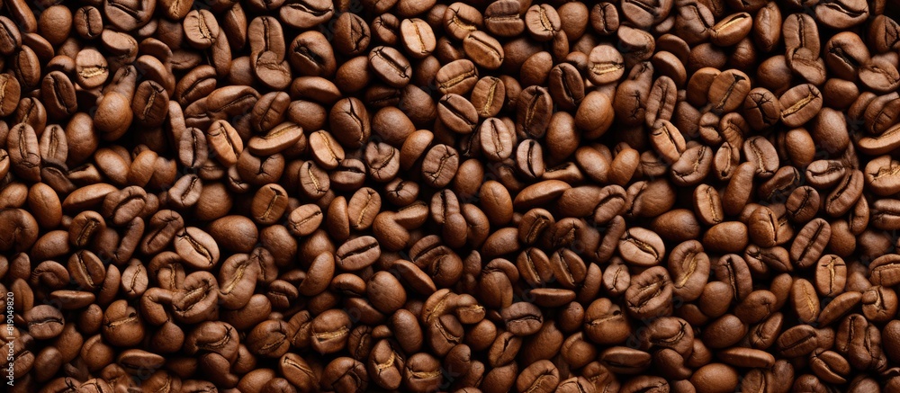 Aufkleber Top view of a coffee cup filled with coffee beans creating a visually appealing copy space image