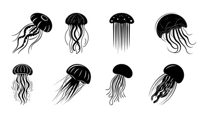 set of jellyfish silhouettes, isolated background