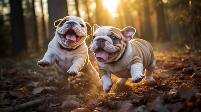 Two Bulldogs sharing a playful moment, their tongues sticking out as they engage in a game of tag.