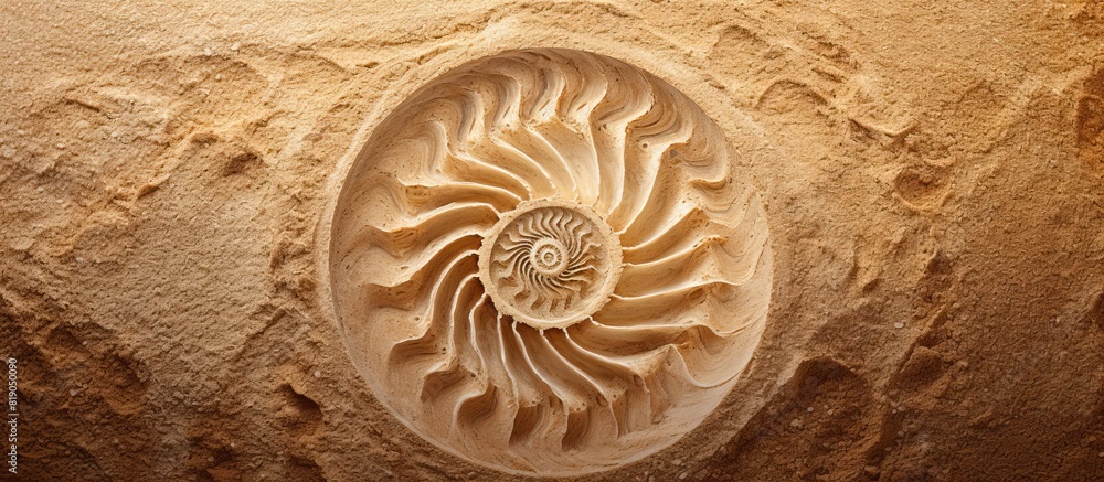 Poster ammonite print on sea sand top view copy space spiral pattern snail shell