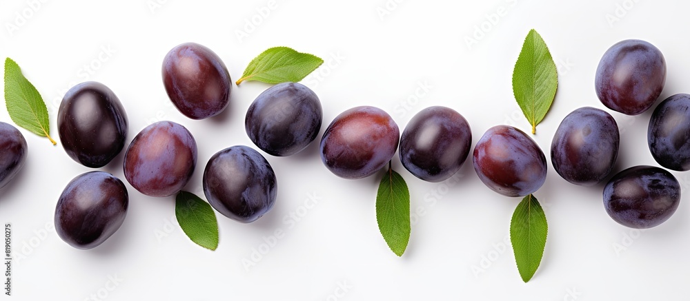 Poster plums isolated on a white background with copy space for your text Top view Flat lay pattern