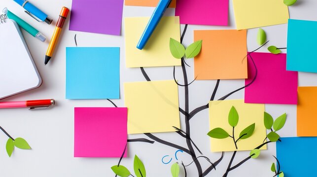 Vertical image of a paper cutout of a blank paper mind map mounted on a wall.