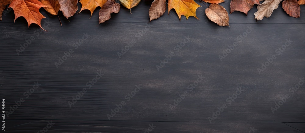 Leinwandbilder an autumnal background image with copy space showcasing half dried leaves on an empty blackboard