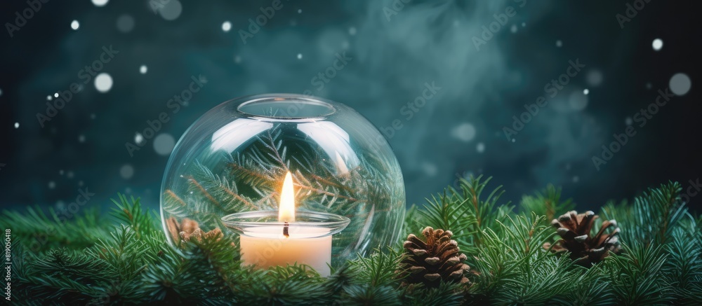 Aufkleber christmas background texture layout candle in a transparent ball the spruce branches copy space