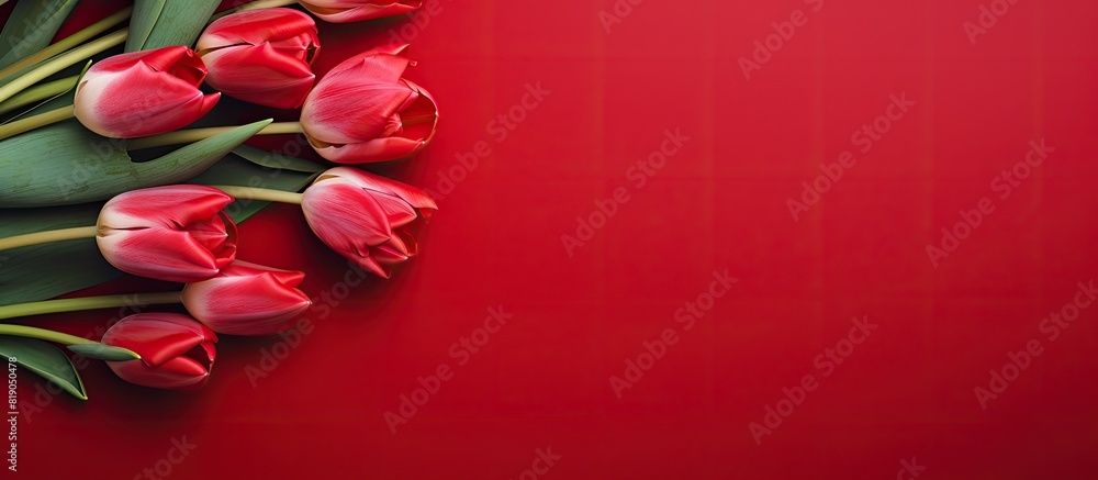 Leinwandbilder banner with a bouquet of red tulips on red background flat lay with flowers top view with copyspace 