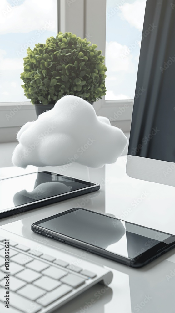 Poster vertical image of a collection of electronic devices connected to a cloud network.
