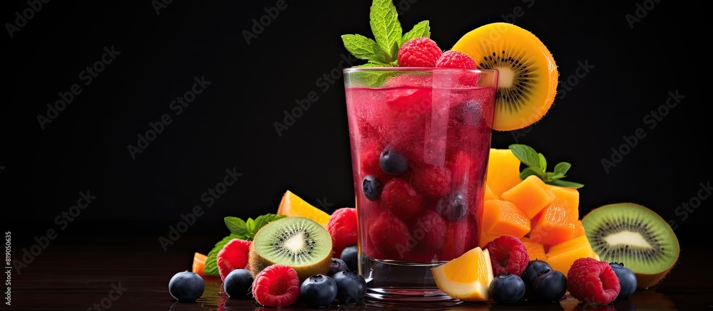 Poster Fruit cocktail or smoothies with fruit on a dark background With empty space for writing. copy space available