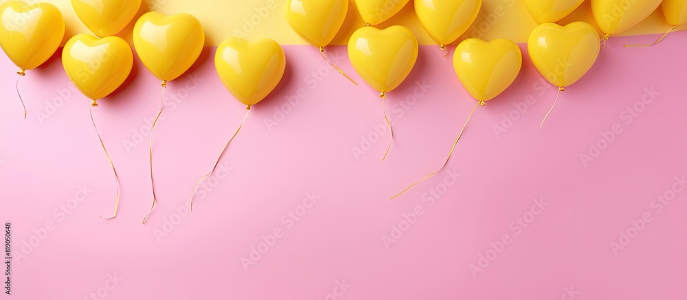 Poster heart shaped balloons and yellow card on pink background flat lay space for text. copy space availab