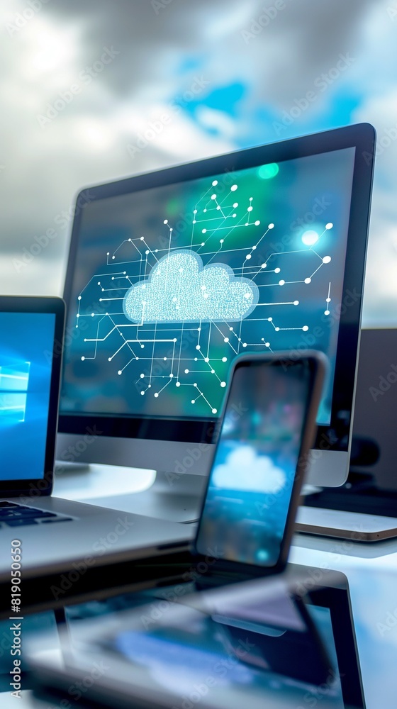 Poster vertical image of a collection of electronic devices connected to a cloud network.