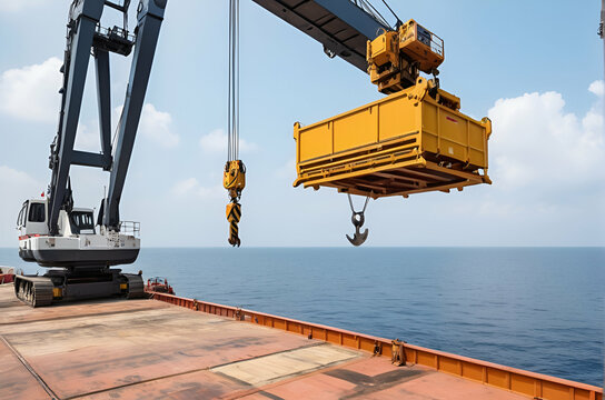 Operator using crane lifting cargo to platform at daylight.