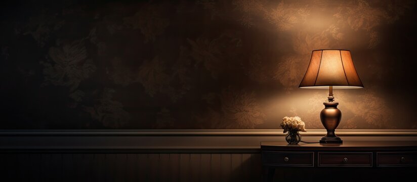 Stylish table lamp in dark room. copy space available