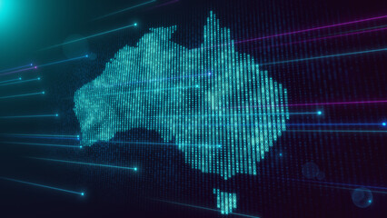 Abstract Futuristic Blue Violet Shiny Perspective Square Hud Particles Mosaic Grid Of Australia Map With Dotted Lines Light Flare © agratitudesign