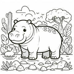 Adorable Hippopotamus Family Coloring Page for Kids