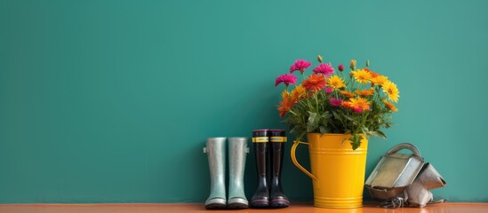 Pair of rubber boots flowers and watering can against color wall. copy space available