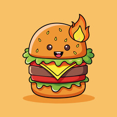 a cartoon of a hamburger with a fire on it.
