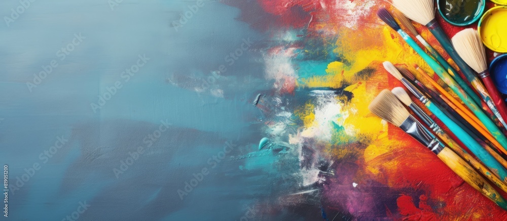 Poster painting tools on color background top view. copy space available