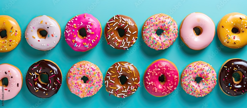 Poster colorful donuts on table with copy space top view of glazed doughnuts isolated
