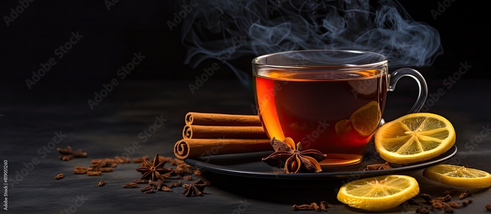 Aufkleber anise and cinnamon sticks with a cup of tea on a dark background. copy space available