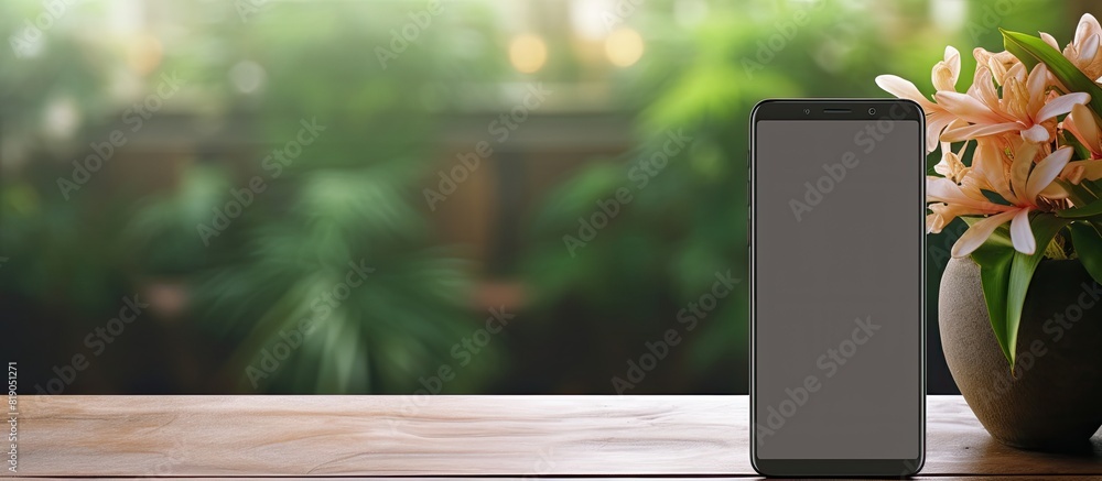 Aufkleber smartphone on wooden table. copy space available