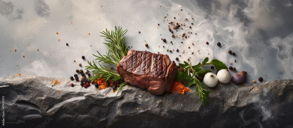Aufkleber baked beef on the bone with spices on a stone background. copy space available