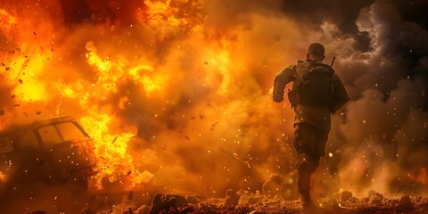 Man running from exploding car in dynamic action movie scene. Concept Action Scenes, Explosive Moments, Dynamic Photography, Thrilling Stunts, High-speed Chases