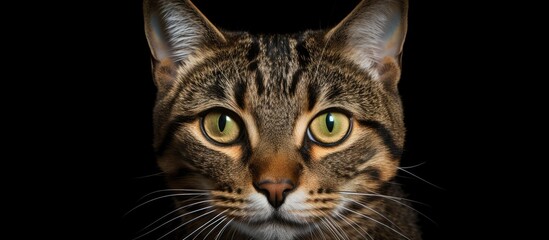 A close up photo of a tabby cat with brown eyes standing alone against a solid background with ample space for additional content or text - Powered by Adobe