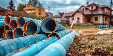 Construction site, heap of PVC tubes for sewerage pipeline. Industrial background, plumbing materials for repair and construction.